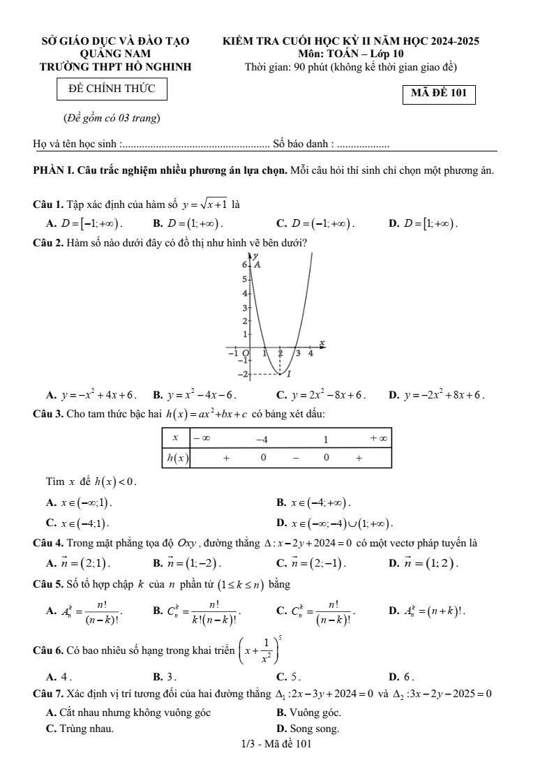 Đề thi Học kì 2 Toán 10 trường THPT Hồ Nghinh (Quảng Nam) năm 2024-2025