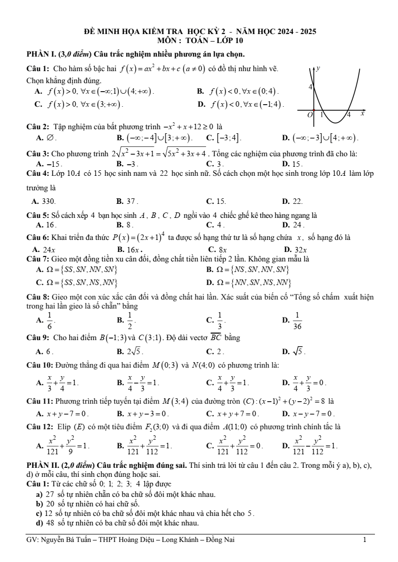 Đề thi Học kì 2 Toán 10 trường THPT Hoàng Diệu (Đồng Nai) năm 2024-2025