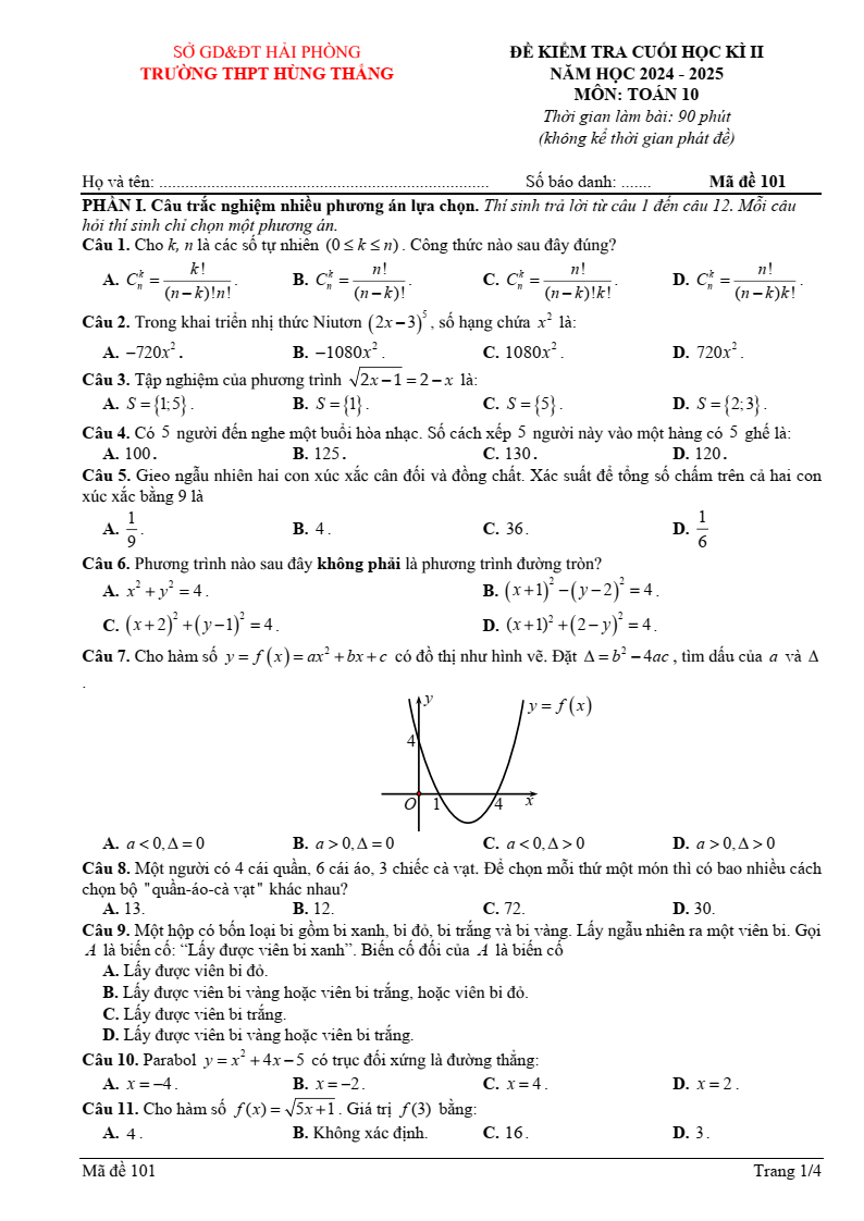Đề thi Học kì 2 Toán 10 trường THPT Hùng Thắng (Hải Phòng) năm 2024-2025