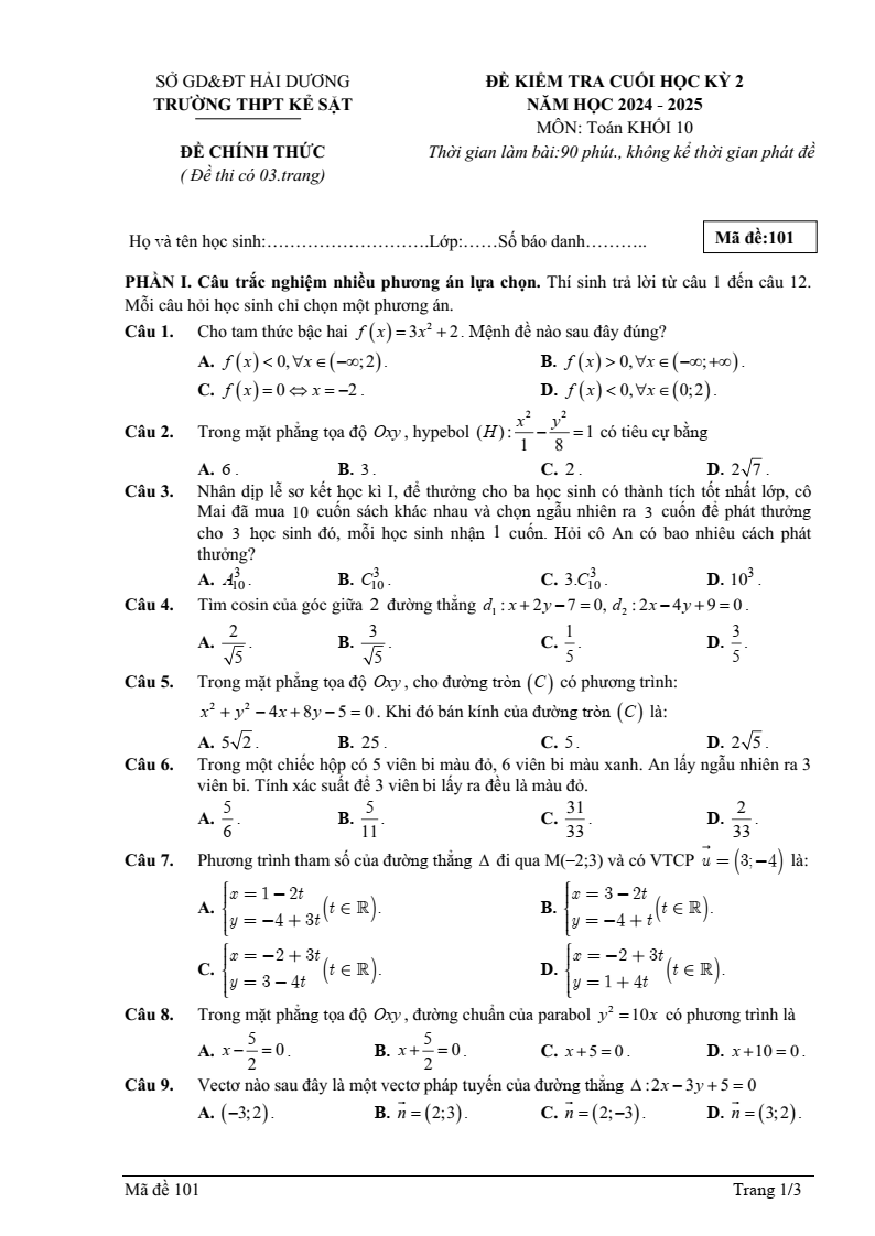 Đề thi Học kì 2 Toán 10 trường THPT Kẻ Sặt (Hải Dương) năm 2024-2025