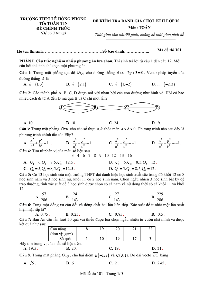 Đề thi Học kì 2 Toán 10 trường THPT Lê Hồng Phong (Đắk Lắk) năm 2024-2025