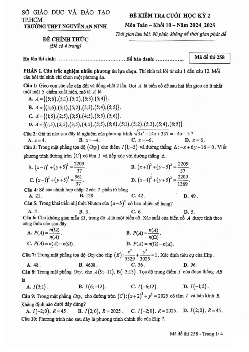 Đề thi Học kì 2 Toán 10 trường THPT Nguyễn An Ninh (Tp.HCM) năm 2024-2025