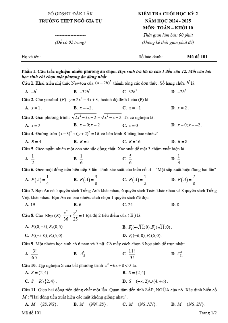 Đề thi Học kì 2 Toán 10 trường THPT Ngô Gia Tự (Đắk Lắk) năm 2024-2025