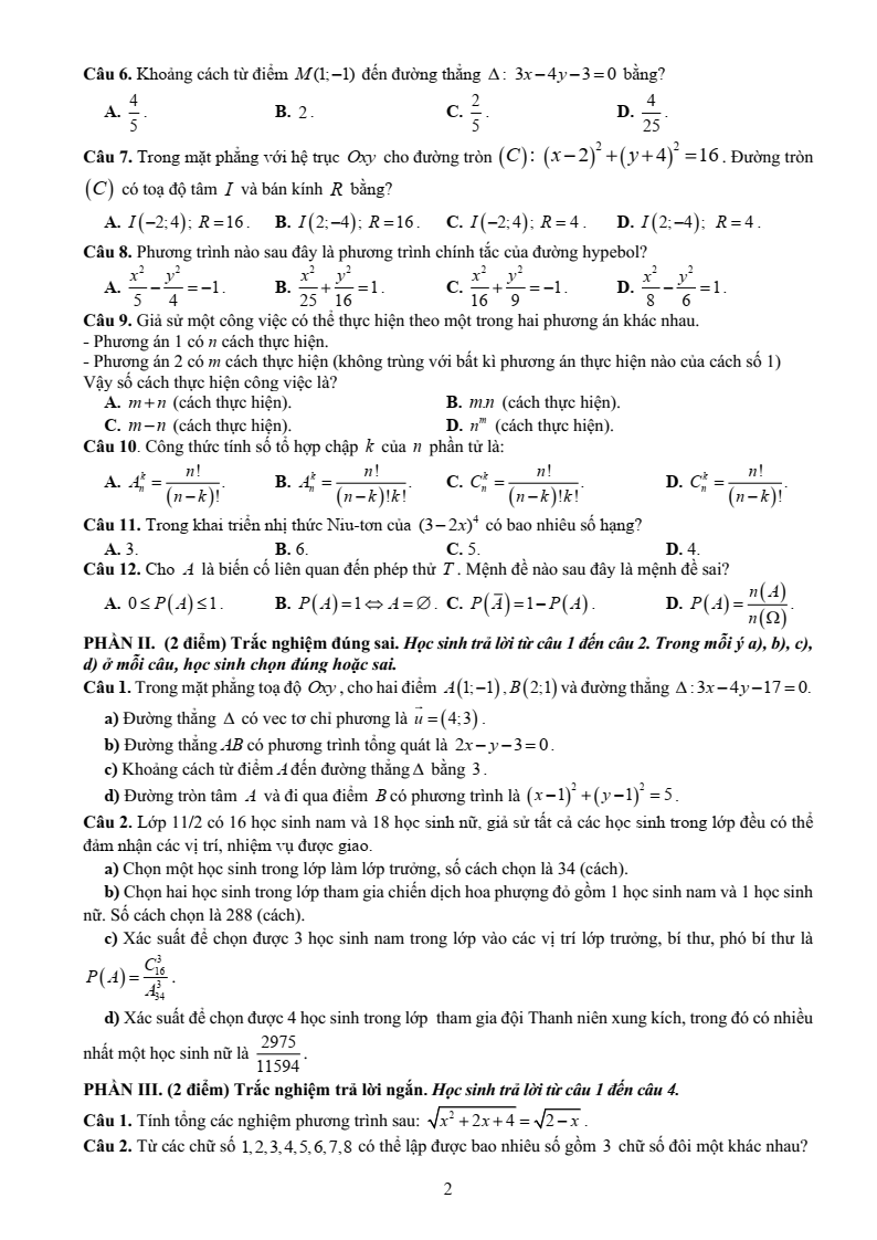 Đề thi Học kì 2 Toán 10 trường THPT Ngô Quyền (Đà Nẵng) năm 2024-2025