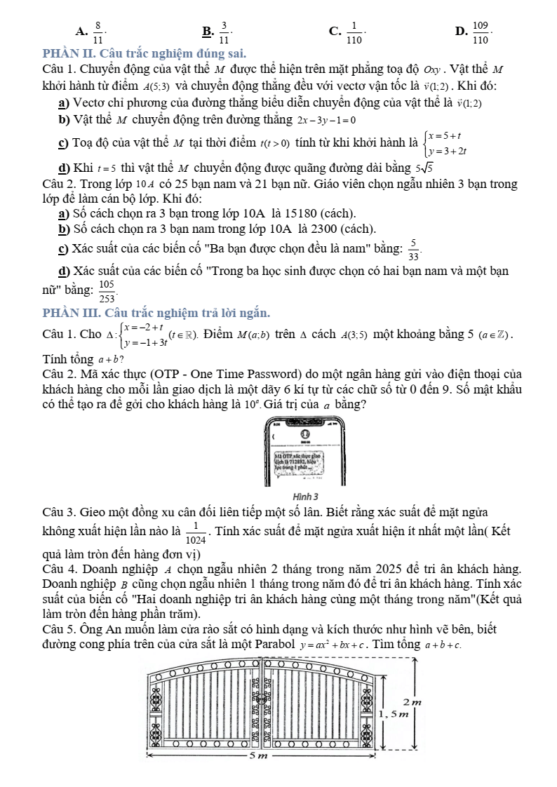 Đề thi Học kì 2 Toán 10 trường THPT Nguyễn Trãi (Đà Nẵng) năm 2024-2025