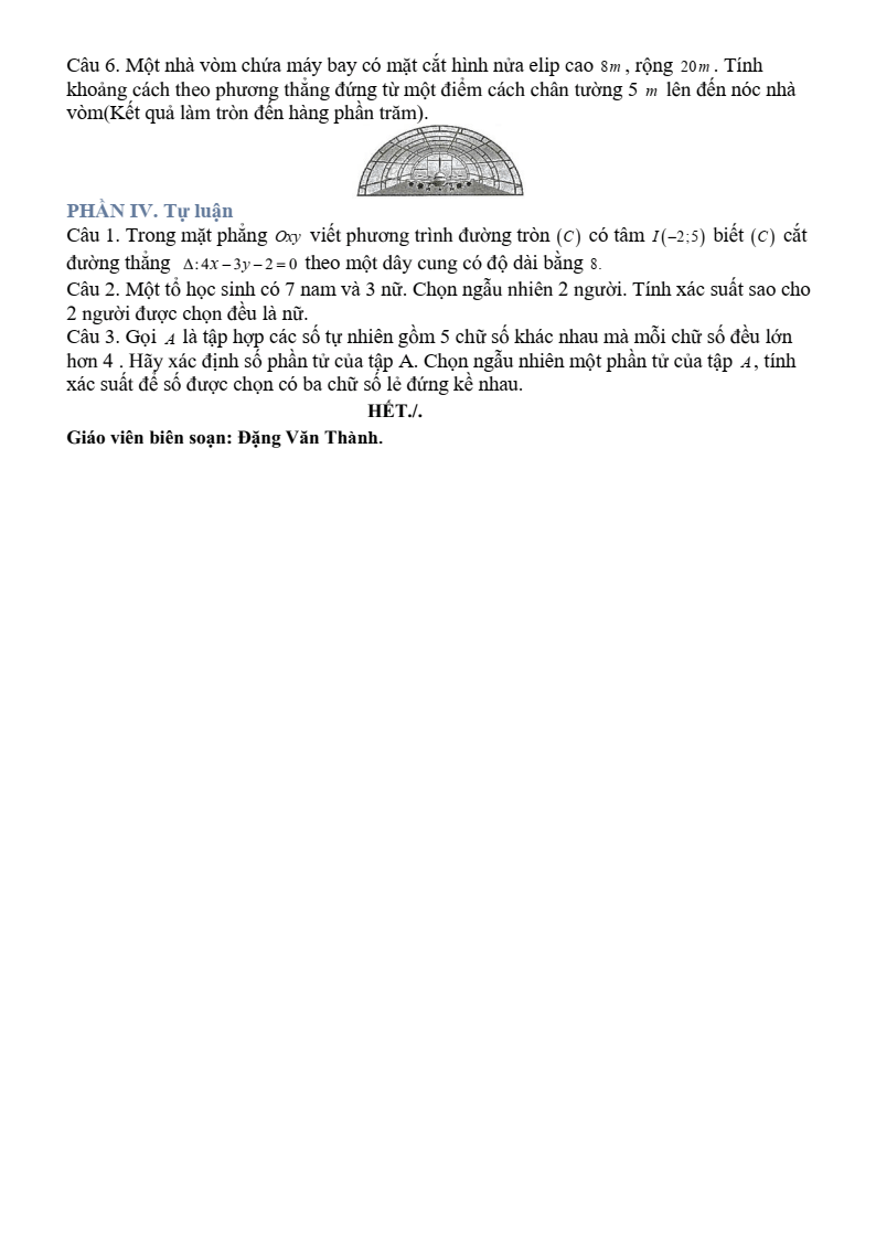 Đề thi Học kì 2 Toán 10 trường THPT Nguyễn Trãi (Đà Nẵng) năm 2024-2025