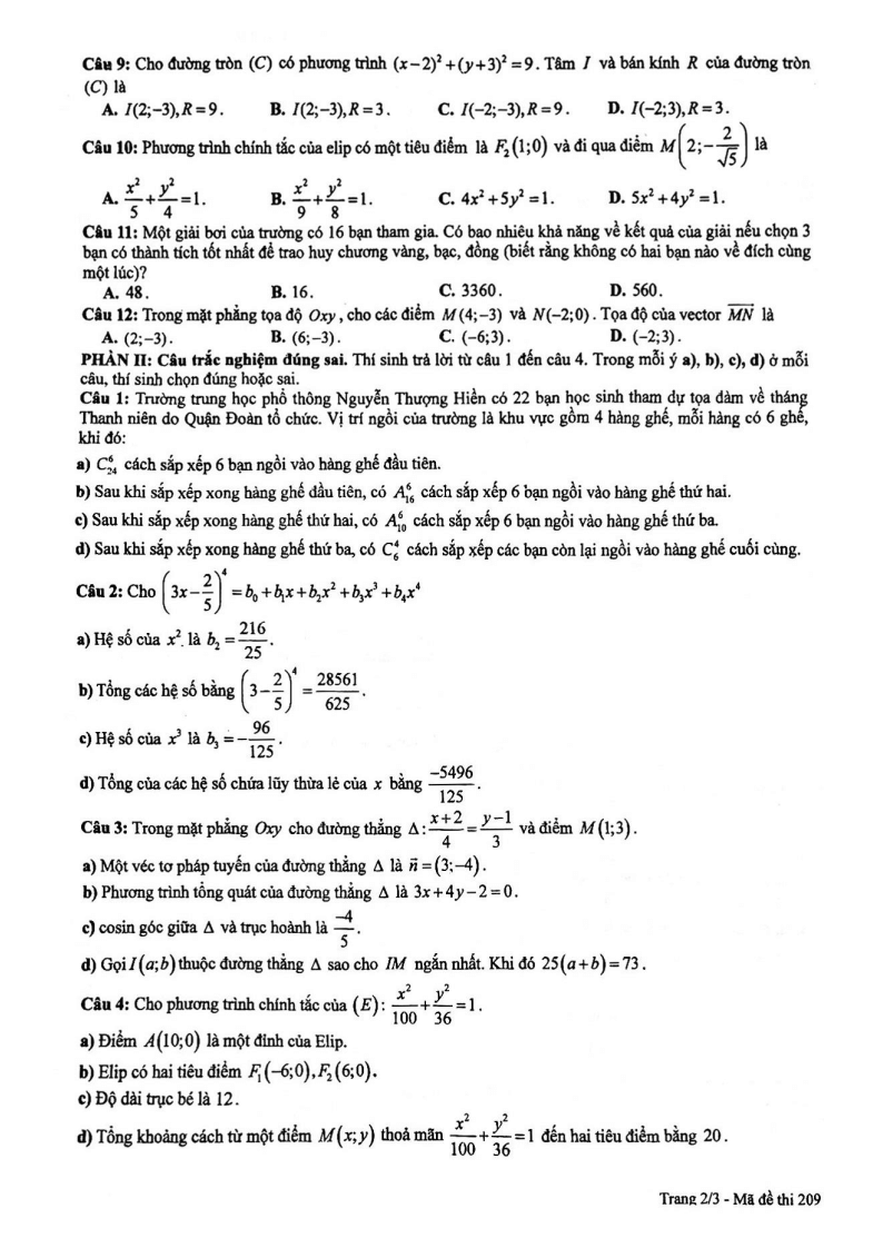 Đề thi Học kì 2 Toán 10 trường THPT Nguyễn Thượng Hiền (Tp.HCM) năm 2024-2025