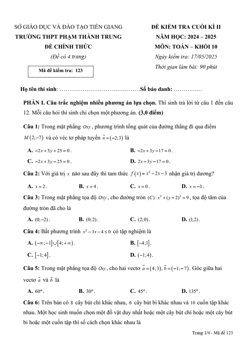 Đề thi Học kì 2 Toán 10 trường THPT Phạm Thành Trung (Tiền Giang) năm 2024-2025