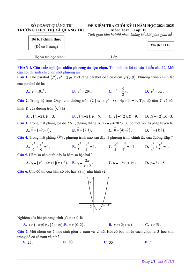 Đề thi Học kì 2 Toán 10 trường THPT Thị xã Quảng Trị năm 2024-2025