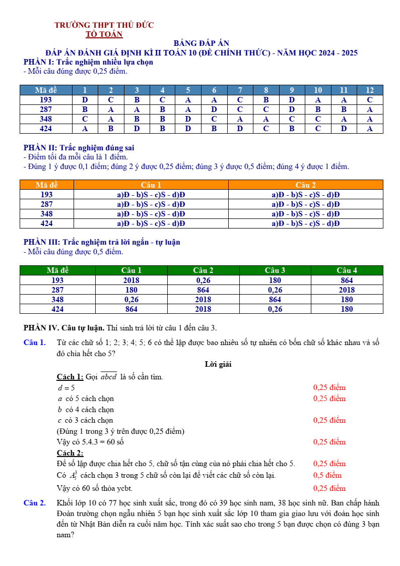 Đề thi Học kì 2 Toán 10 trường THPT Thủ Đức (Tp.HCM) năm 2024-2025