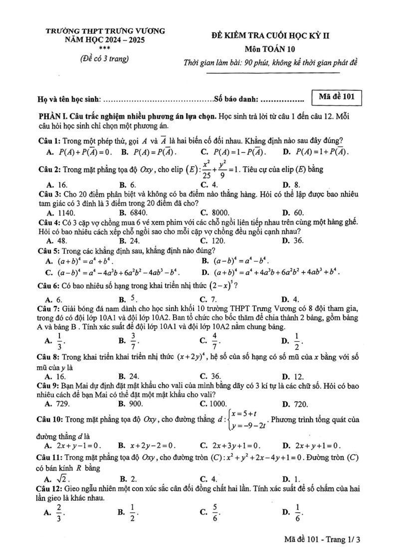 Đề thi Học kì 2 Toán 10 trường THPT Trưng Vương (Tp.HCM) năm 2024-2025