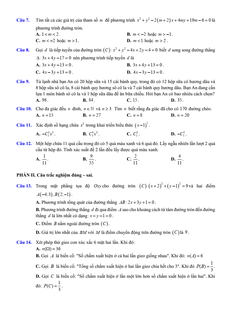 Đề thi Học kì 2 Toán 10 trường THPT Việt Đức (Hà Nội) năm 2024-2025