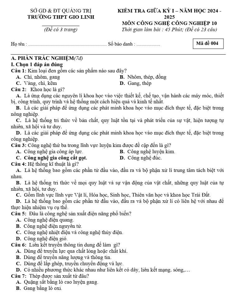 Đề thi Giữa kì 1 Công nghệ 10 năm 2024-2025 trường THPT Gio Linh (Quảng Trị)