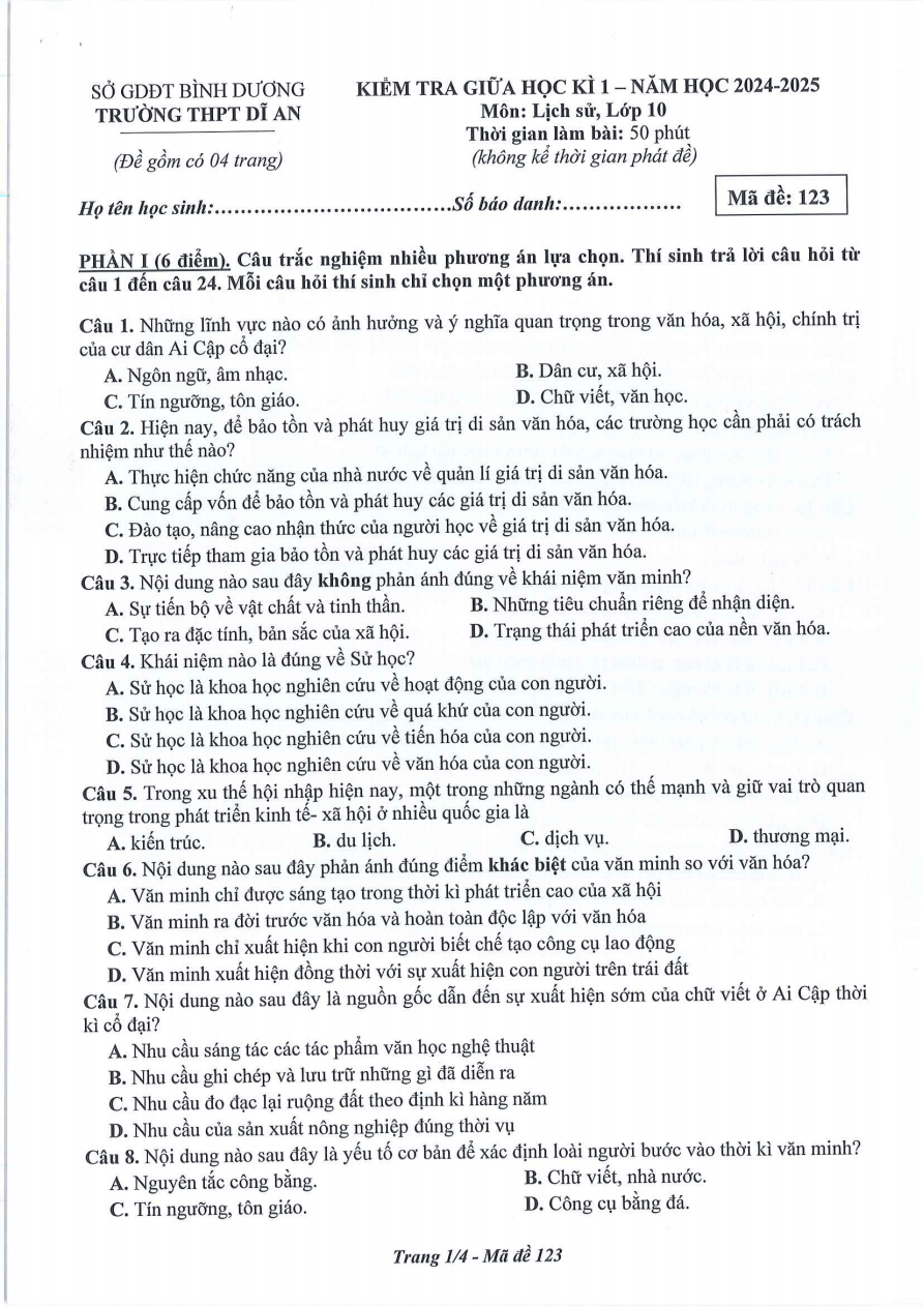 Đề thi Giữa kì 1 Lịch Sử 10 năm 2024-2025 trường THPT Dĩ An (Bình Dương)