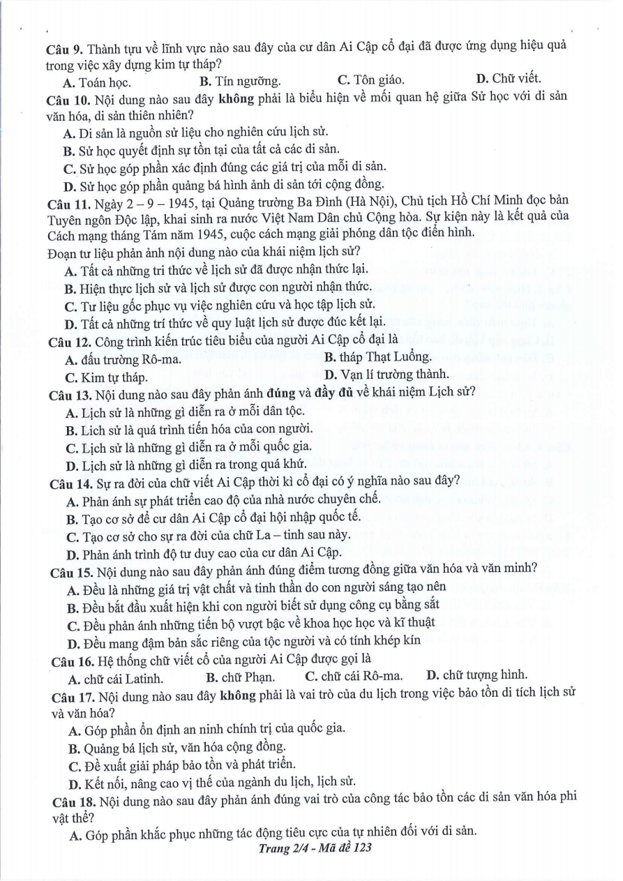 Đề thi Giữa kì 1 Lịch Sử 10 năm 2024-2025 trường THPT Dĩ An (Bình Dương)