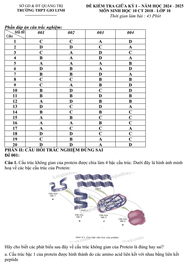 Đề thi Giữa kì 1 Sinh học 10 năm 2024-2025 trường THPT Gio Linh (Quảng Trị)