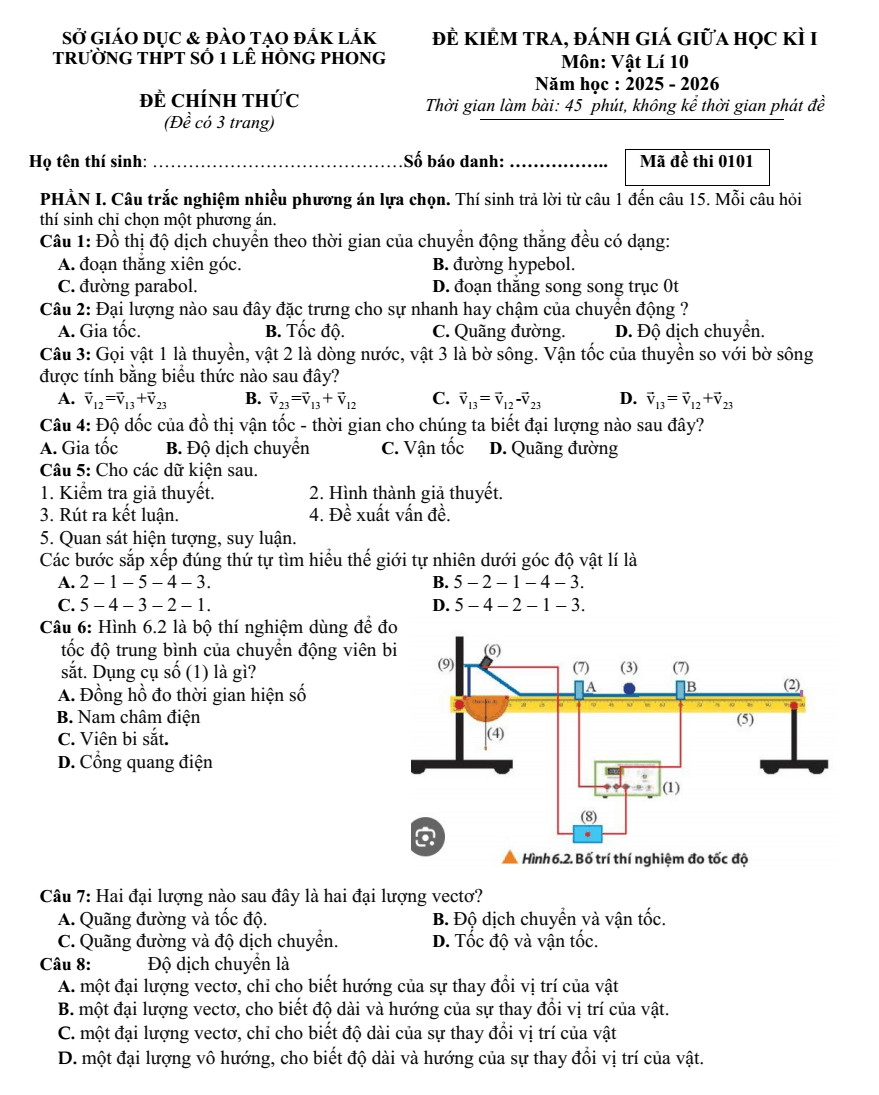 Đề thi Giữa kì 1 Vật Lí 10 năm 2025-2026 trường THPT số 1 Lê Hồng Phong (Đắk Lắk)