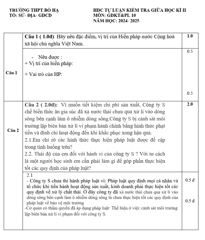 Đề thi Giữa kì 2 KTPL 10 năm 2024-2025 trường THPT Bố Hạ (Bắc Giang)