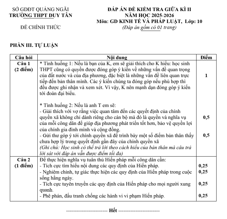 Đề thi Giữa kì 2 KTPL 10 năm 2025-2026 trường THPT Duy Tân (Quảng Ngãi)