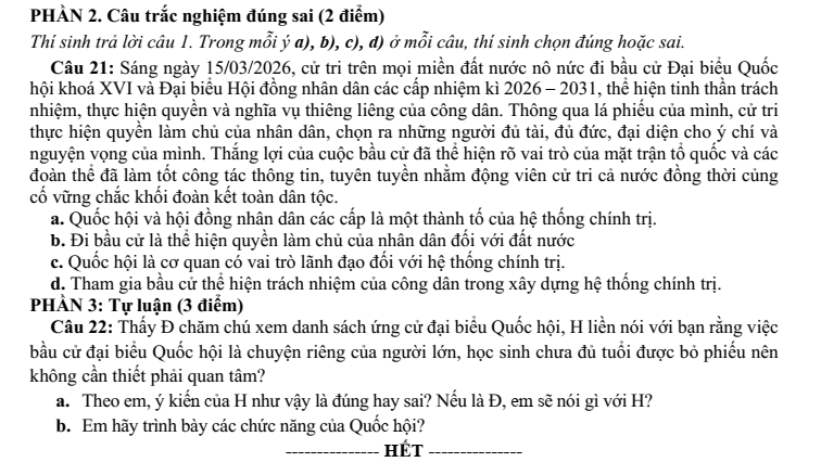 Đề thi Giữa kì 2 KTPL 10 năm 2025-2026 trường THPT Gia Bình Số 1 (Bắc Ninh)