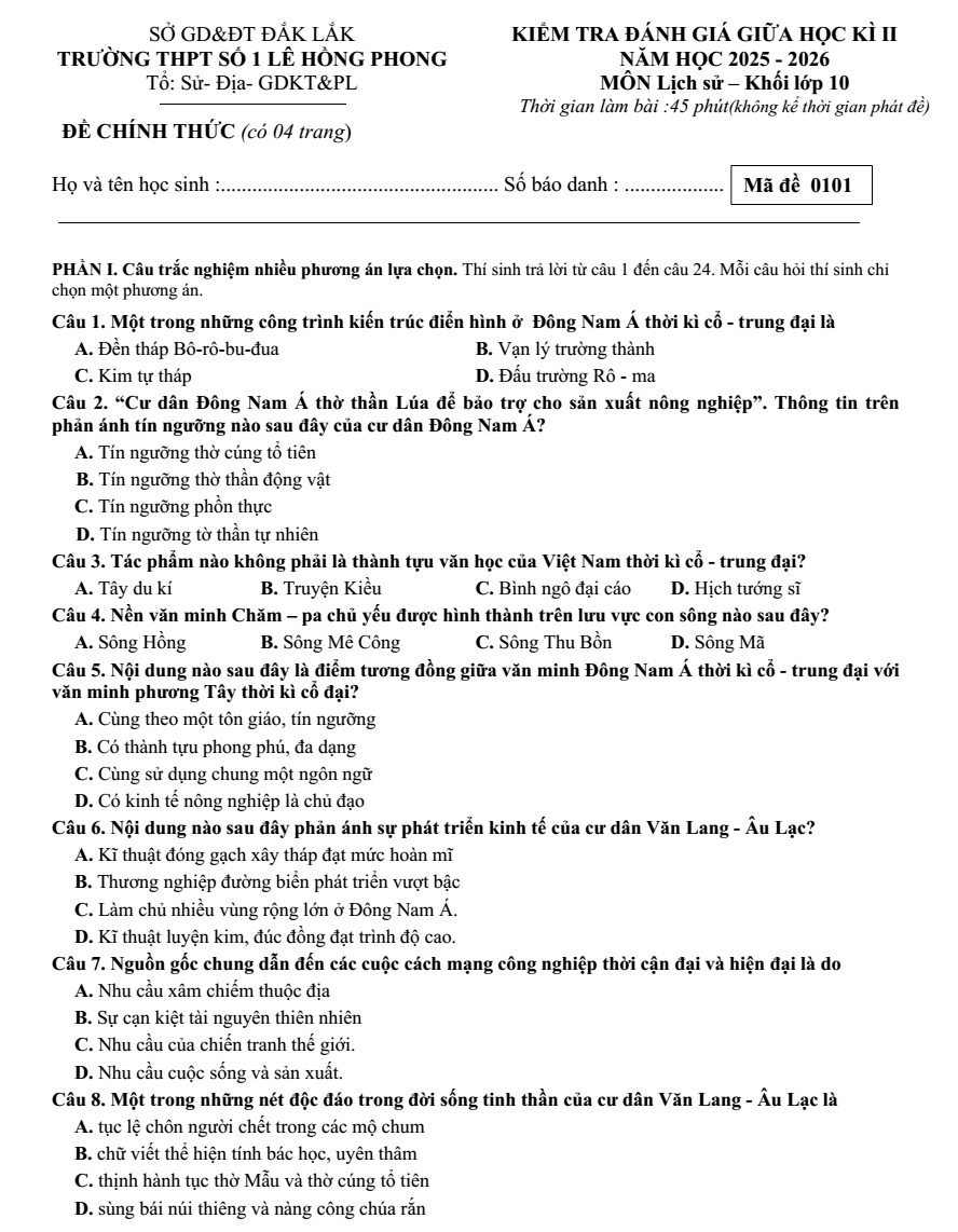 Đề thi Giữa kì 2 Lịch Sử 10 năm 2025-2026 trường THPT số 1 Lê Hồng Phong (Đắk Lắk)