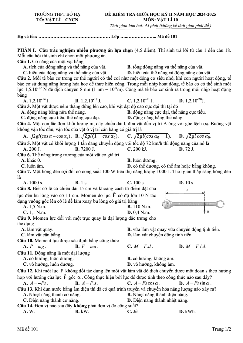 Đề thi Giữa kì 2 Vật Lí 10 năm 2024-2025 trường THPT Bố Hạ (Bắc Giang)