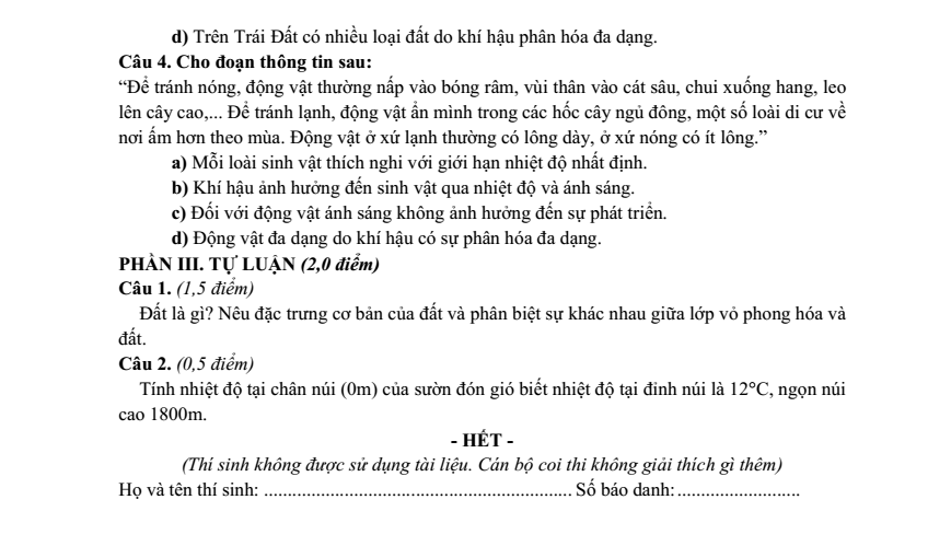 Đề thi Học kì 1 Địa Lí 10 năm 2025-2026 trường THPT Bình Chiểu (Tp.HCM)