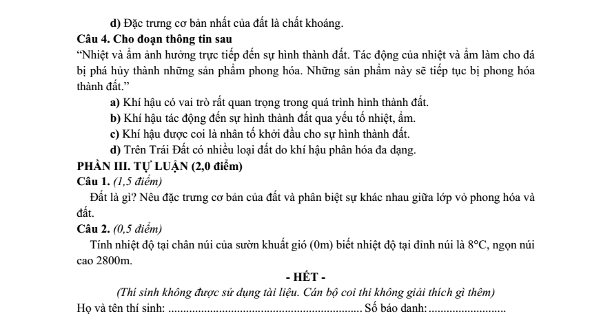 Đề thi Học kì 1 Địa Lí 10 năm 2025-2026 trường THPT Bình Chiểu (Tp.HCM)