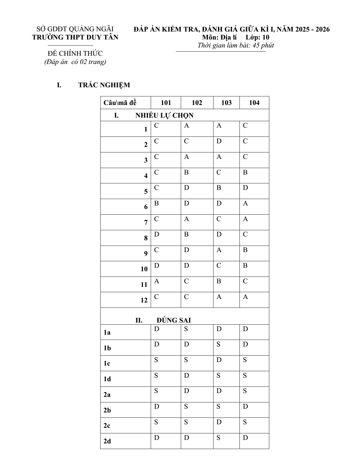 Đề thi Học kì 1 Địa Lí 10 năm 2025-2026 trường THPT Duy Tân (Quảng Ngãi)