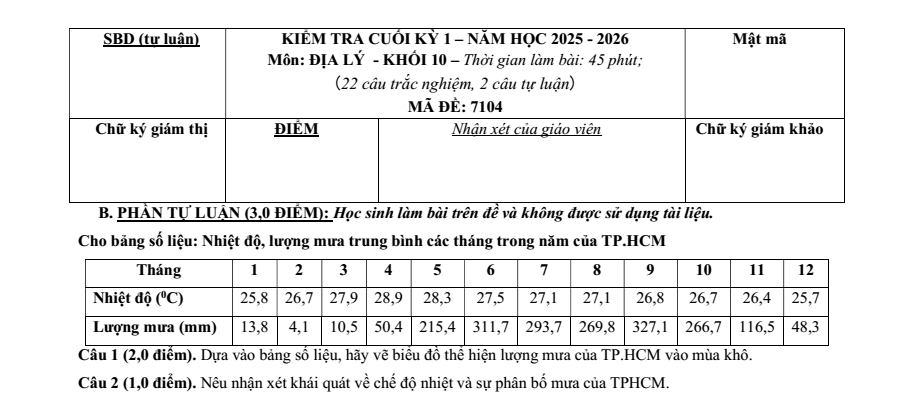 Đề thi Học kì 1 Địa Lí 10 năm 2025-2026 trường THPT Lương Thế Vinh (Tp.HCM)