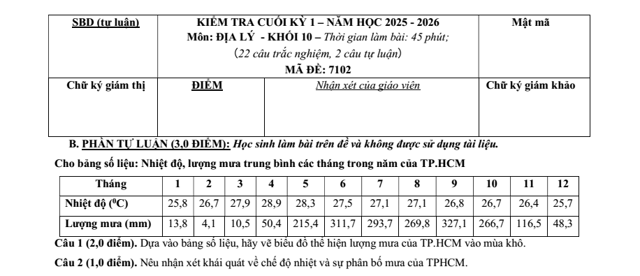 Đề thi Học kì 1 Địa Lí 10 năm 2025-2026 trường THPT Lương Thế Vinh (Tp.HCM)