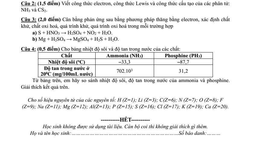 Đề thi Học kì 1 Hóa học 10 năm 2024-2025 trường THPT Bình Chiểu (Tp.HCM)