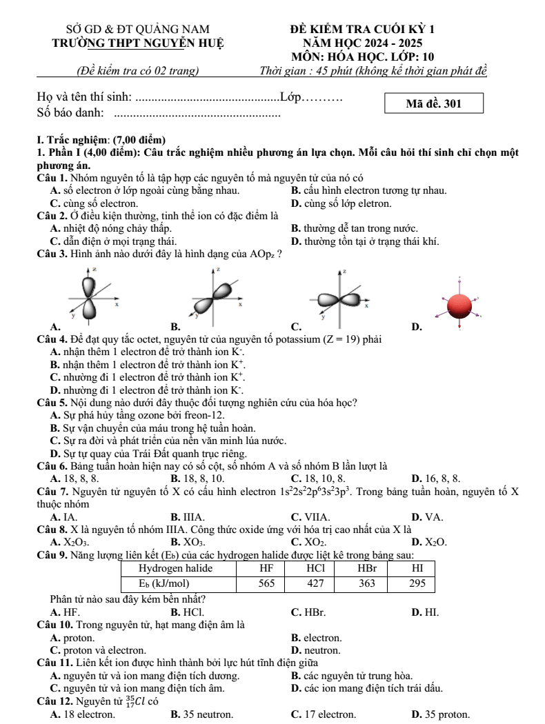 Đề thi Học kì 1 Hóa học 10 năm 2024-2025 trường THPT Nguyễn Huệ (Quảng Nam)