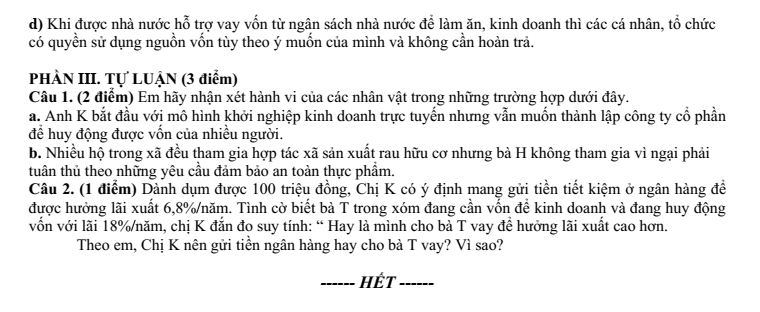 Đề thi Học kì 1 KTPL 10 năm 2024-2025 trường THPT Hồ Nginh (Quảng Nam)