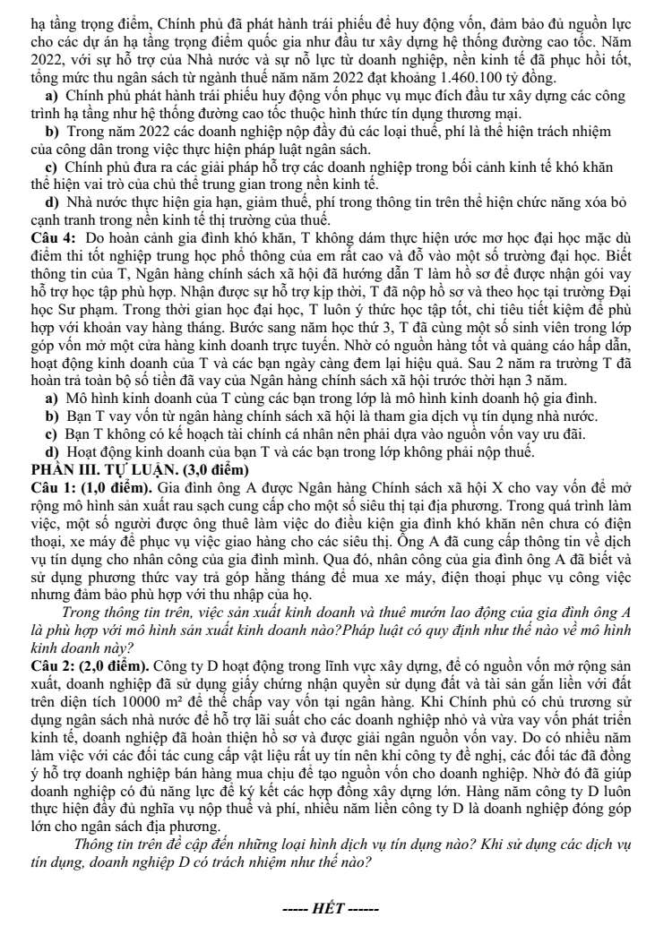 Đề thi Học kì 1 KTPL 10 năm 2025-2026 trường THPT Nguyễn Trãi (Đà Nẵng)