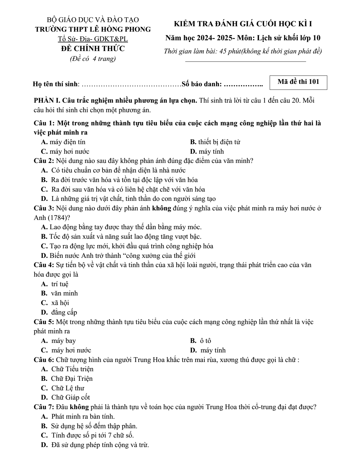 Đề thi Học kì 1 Lịch Sử 10 năm 2024-2025 trường THPT Lê Hồng Phong (Đắk Lắk)
