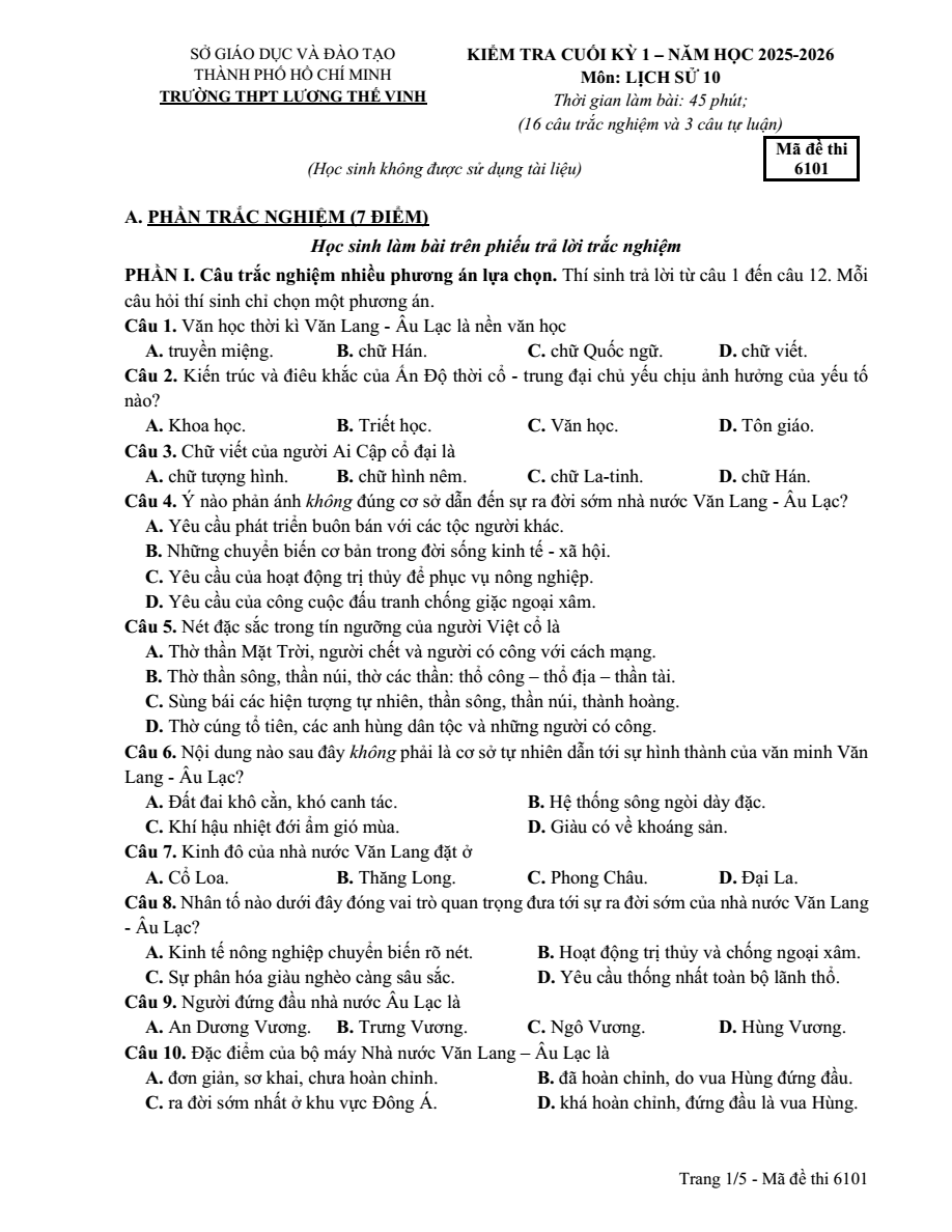 Đề thi Học kì 1 Lịch Sử 10 năm 2025-2026 trường THPT Lương Thế Vinh (Tp.HCM)