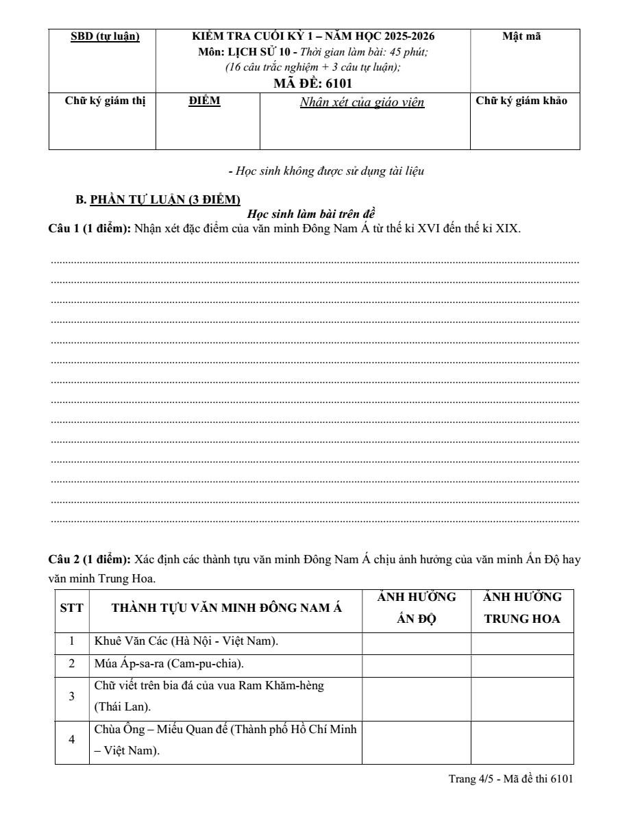 Đề thi Học kì 1 Lịch Sử 10 năm 2025-2026 trường THPT Lương Thế Vinh (Tp.HCM)
