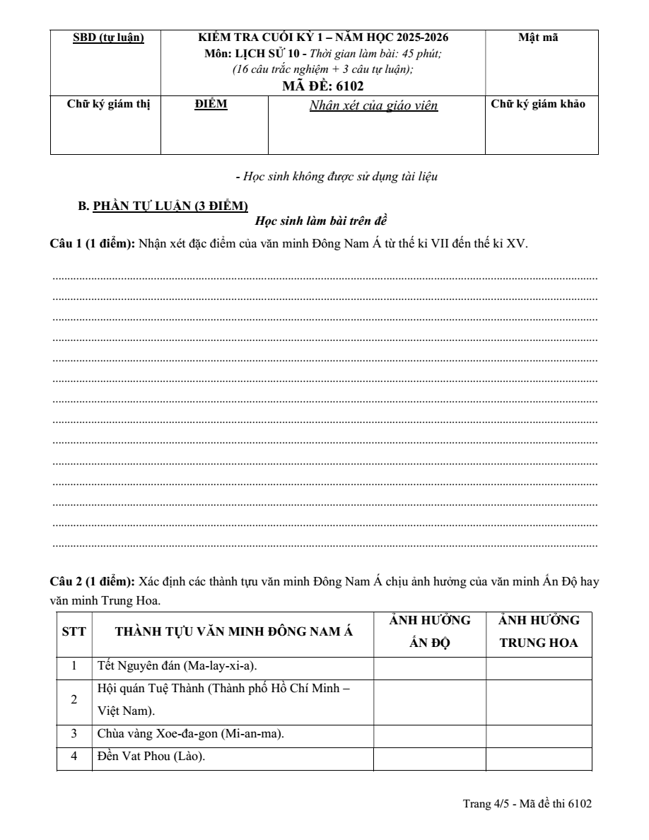 Đề thi Học kì 1 Lịch Sử 10 năm 2025-2026 trường THPT Lương Thế Vinh (Tp.HCM)