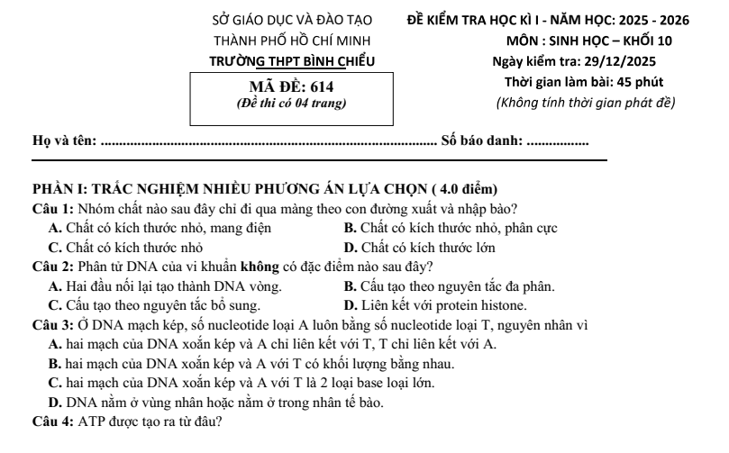 Đề thi Học kì 1 Sinh học 10 năm 2025-2026 trường THPT Bình Chiểu (Tp.HCM)