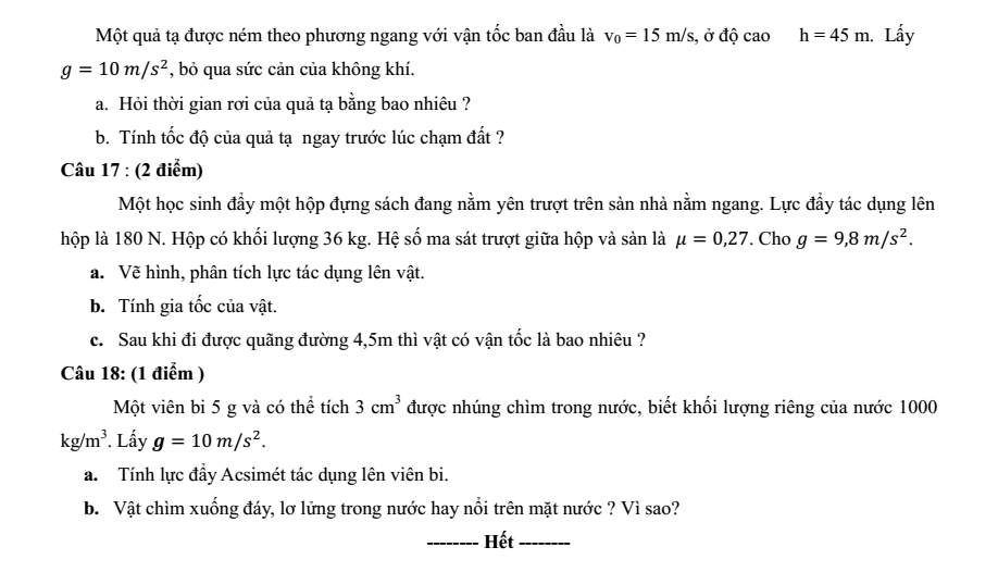Đề thi Học kì 1 Vật Lí 10 năm 2024-2025 trường THPT Bình Chiểu (Tp.HCM)