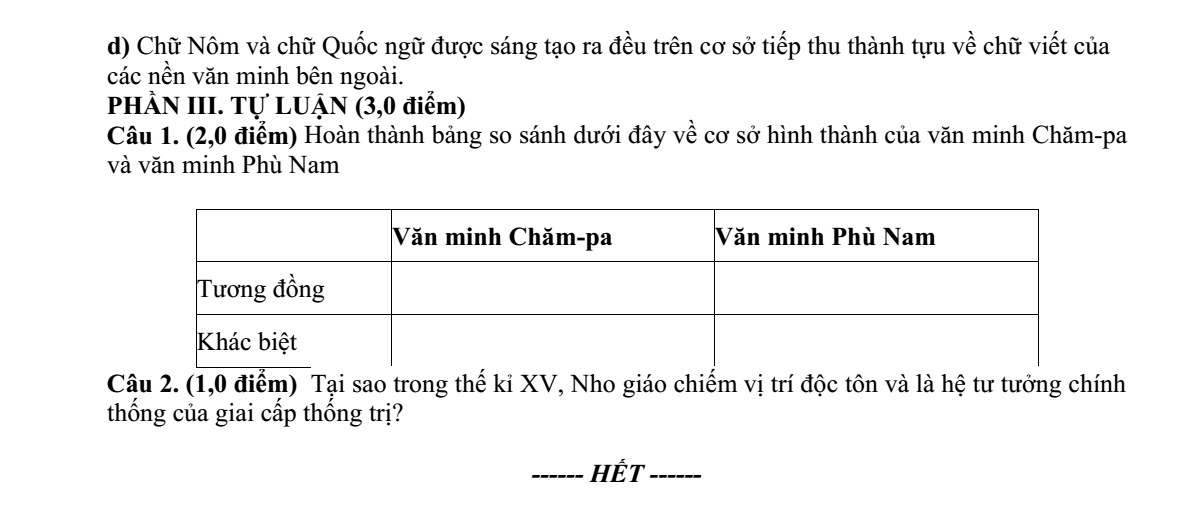 Đề thi Học kì 2 Lịch Sử 10 năm 2024-2025 trường THPT Hồ Nghinh (Quảng Nam)