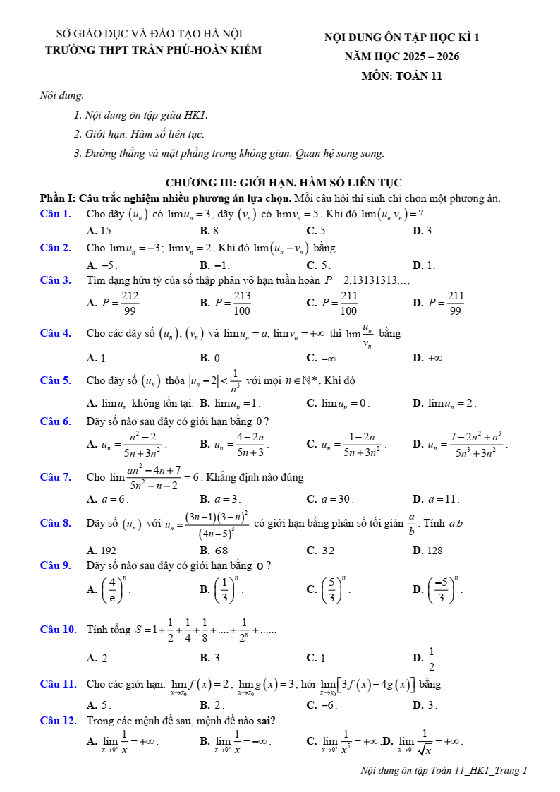 Đề cương ôn tập Học kì 1 Toán 11 trường THPT Trần Phú năm 2025-2026