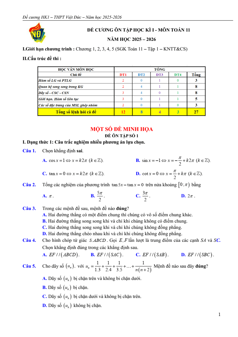 Đề cương ôn tập Học kì 1 Toán 11 trường THPT Việt Đức năm 2025-2026