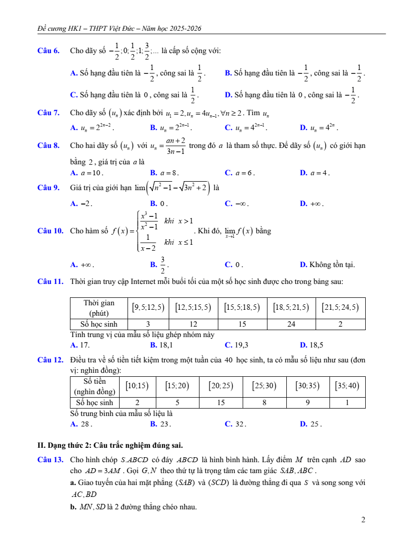 Đề cương ôn tập Học kì 1 Toán 11 trường THPT Việt Đức năm 2025-2026