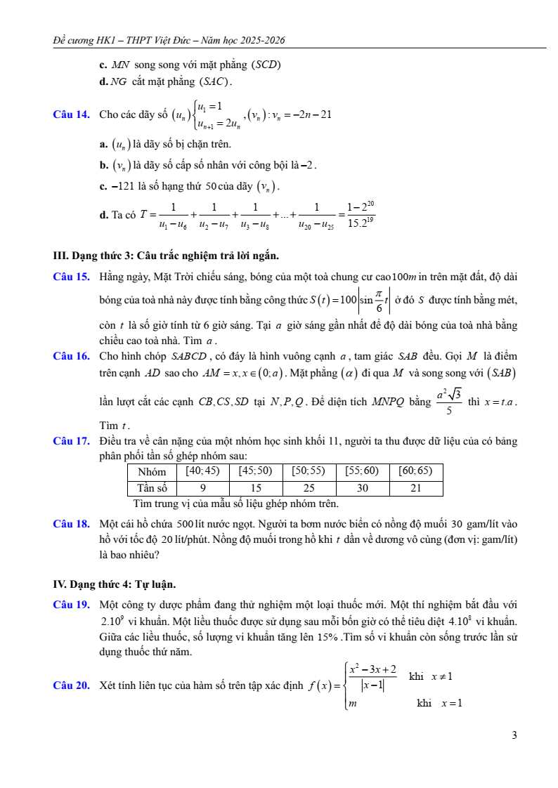 Đề cương ôn tập Học kì 1 Toán 11 trường THPT Việt Đức năm 2025-2026