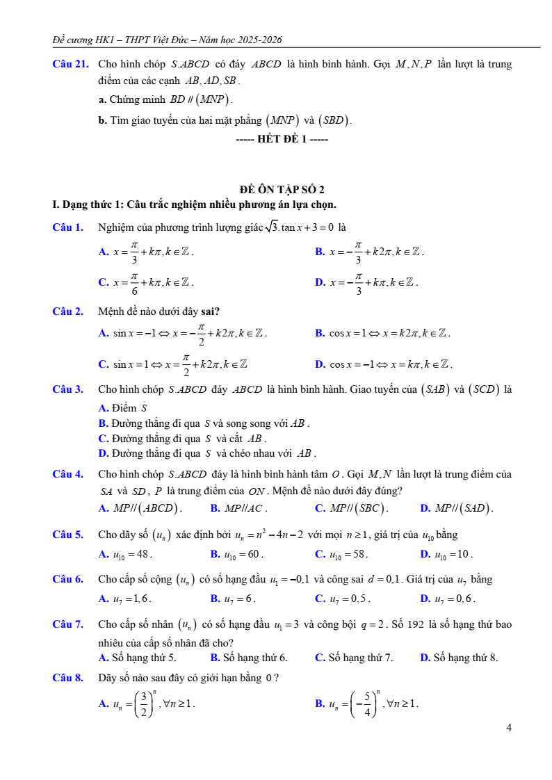 Đề cương ôn tập Học kì 1 Toán 11 trường THPT Việt Đức năm 2025-2026