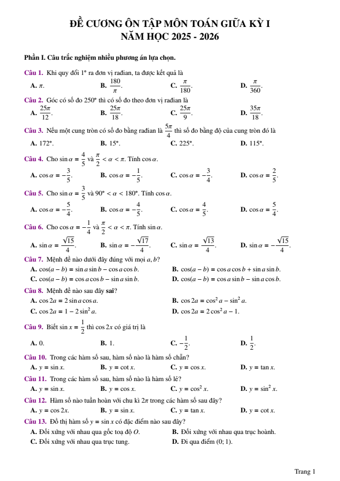 Đề cương ôn tập Giữa kì 1 Toán 11 trường THPT Đức Trọng năm 2025-2026