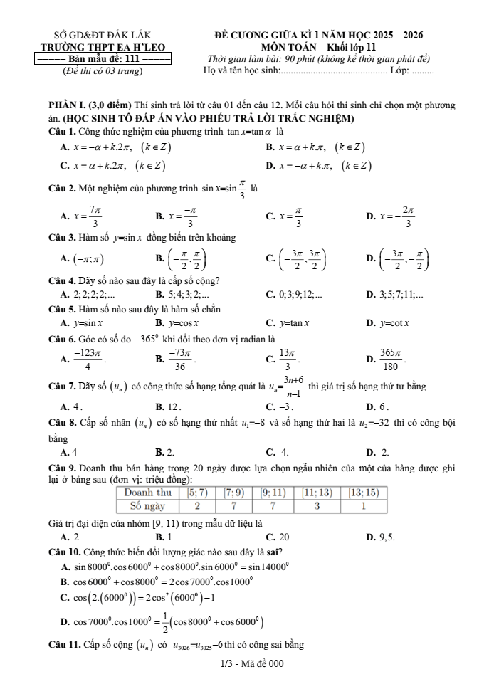 Đề cương ôn tập Giữa kì 1 Toán 11 trường THPT Ea H’Leo năm 2025-2026