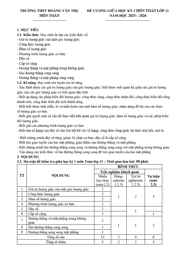 Đề cương ôn tập Giữa kì 1 Toán 11 trường THPT Hoàng Văn Thụ năm 2025-2026